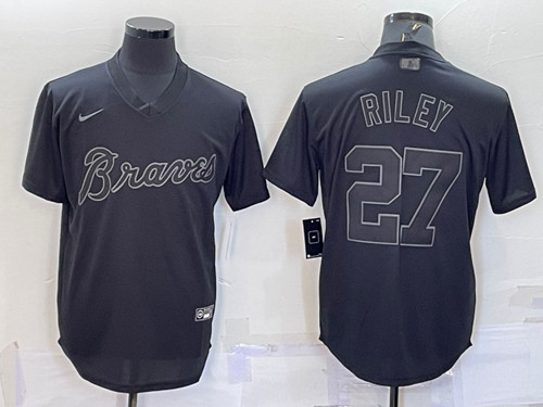 Men's Atlanta Braves #27 Austin Riley Black Pitch Black Fashion Replica Stitched Jersey